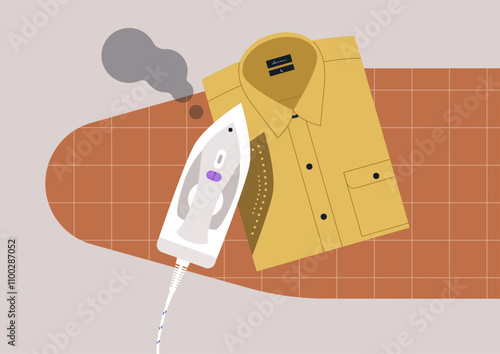 A shirt lies on an ironing board with smoke rising from a spot where the hot iron touched it, creating a mishap during a routine household chore