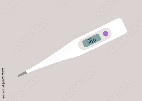 Soft pastel background highlights a digital thermometer showing a normal body temperature of 36,6 degrees, symbolizing health monitoring for individuals and families