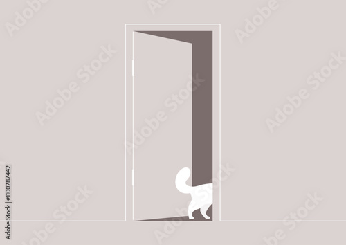 A playful cat with a curled tail gently steps through an ajar doorway, capturing the essence of curiosity in a warm, minimalist setting that invites imagination