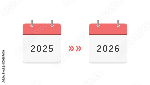 2025年と2026年のカレンダーと矢印 - 年末年始や新年、2年分の計画の変更･延期のイメージ素材