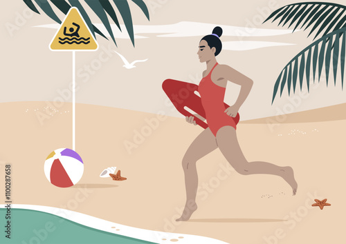 A lifeguard in a red swimsuit sprints towards the water, carrying a rescue float, as a beach ball lies nearby under clear skies, Safety is paramount on this sunny day