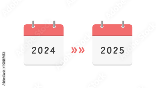 2024年と2025年のカレンダーと矢印 - 年末年始や新年、2年分の計画の変更･延期のイメージ素材