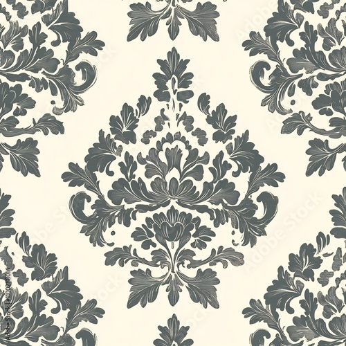 Intricate Victorian Style Damask Pattern with Floral Motifs