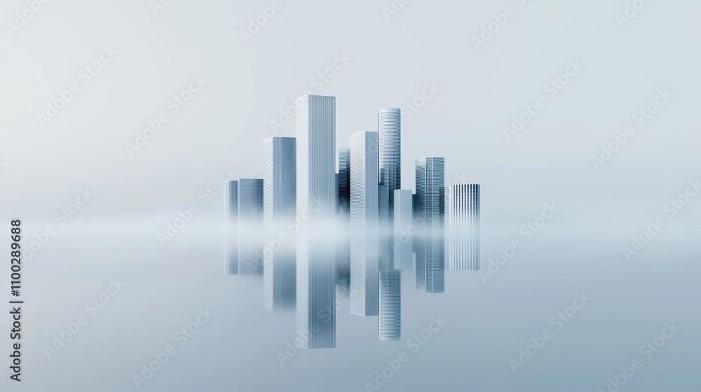 Fototapeta premium A serene cityscape featuring modern skyscrapers reflected in calm waters, enveloped in a misty atmosphere.