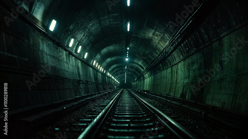 dark train tunnel with lighting on the ceiling and walls, creating a mysterious and eerie atmosphere. photo