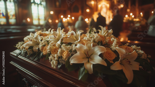 Elegant funeral casket decorated with white lilies and cream roses in a solemn service  