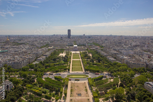 Aerial view of the beautiful skyline and historic architecture of Paris with the Seine River and city park, Paris, France. photo