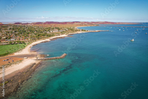 Aerial view of tranquil dampier foreshore with beautiful sandy beach and vibrant ocean, Karratha, Australia. photo