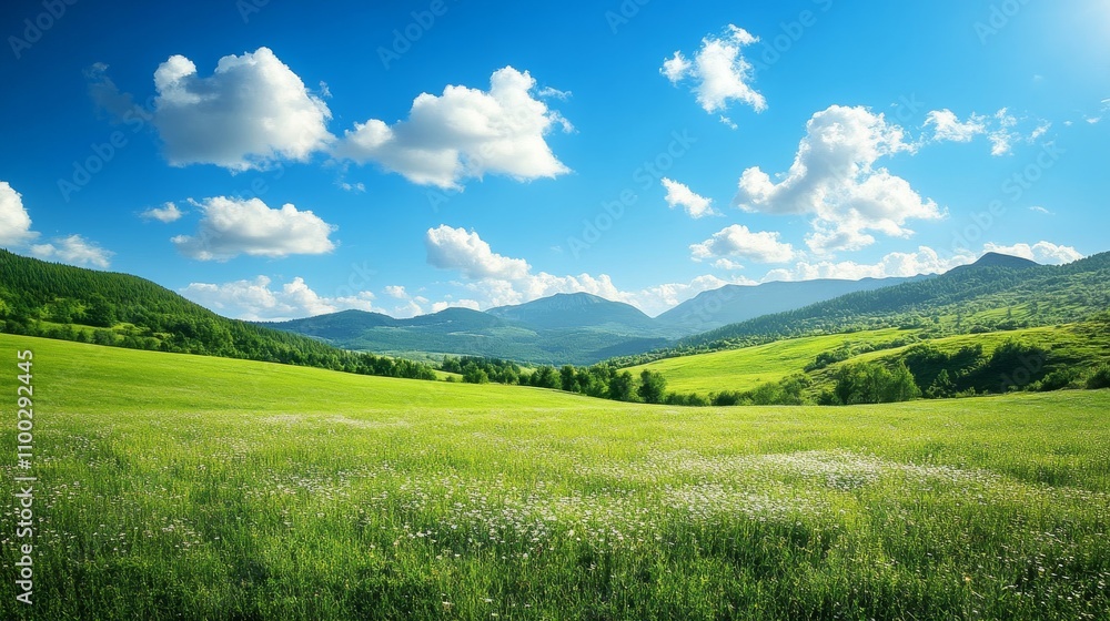 Fototapeta premium Serene Mountain Meadow Landscape Under a Sunny Sky