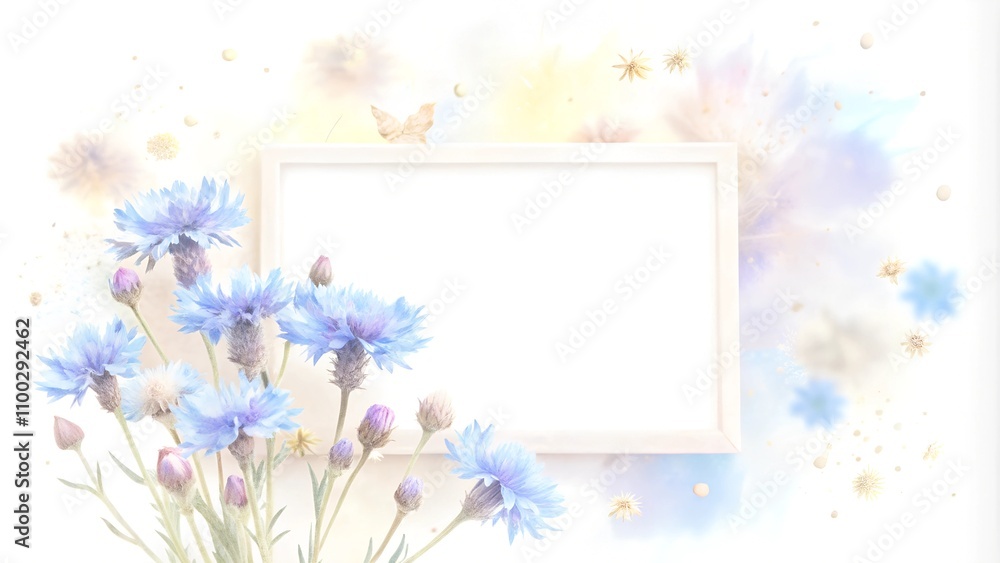 Obraz premium Charming design with blue cornflowers and a blank white frame on a soft watercolor background