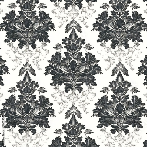 Intricate floral damask pattern with decorative victorian style ornamental details in black and white