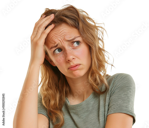 Worried young woman holding her head with a confused expression, isolated on transparent cutout background photo