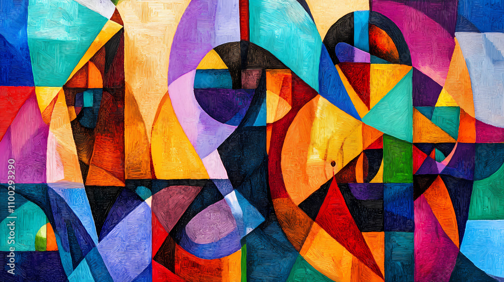 Fototapeta premium Cubist painting with vibrant colors, geometric shapes, and whimsical details, created with generative ai. Cubism. Illustration