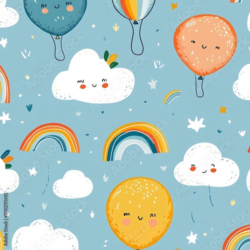 Whimsical and Colorful Balloon and Cloud Pattern on Sky Blue Background
