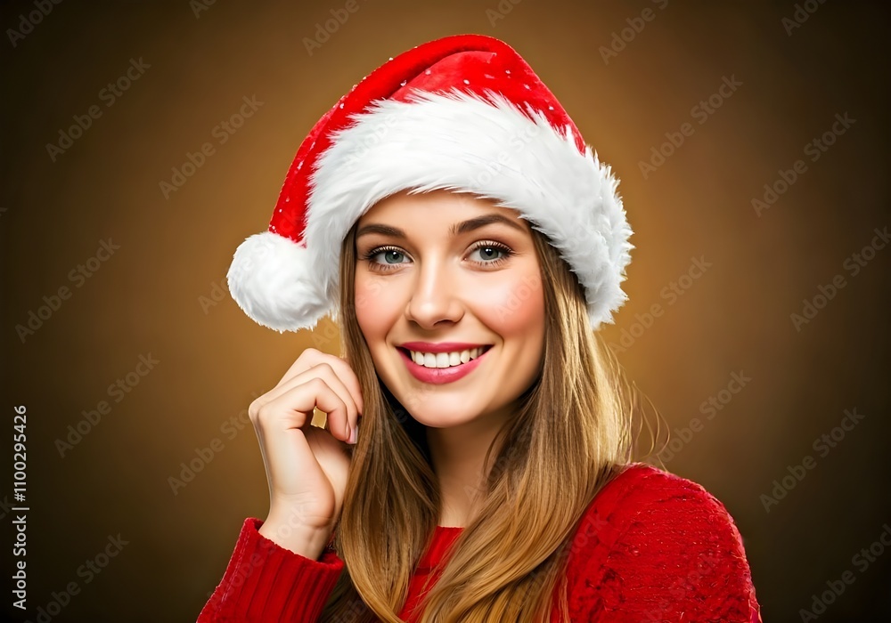 Beautiful smiling woman in Santa red hat closeup portrait