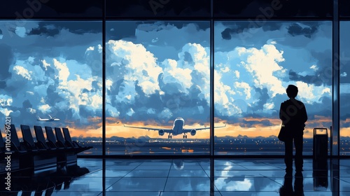 Passenger waiting in airport, silhouette of a traveling leaning against a large window, aircraft taking off