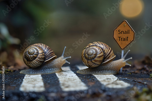 Snails on a Miniature Zebra Crossing. Whimsical 'Snail Trail' Design. photo