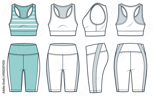 Crop Top and Cycling Shorts technical fashion illustration, striped design. Leggings, Tank Top fashion flat technical drawing template, front, side and back view, white, green, women CAD mockup set.