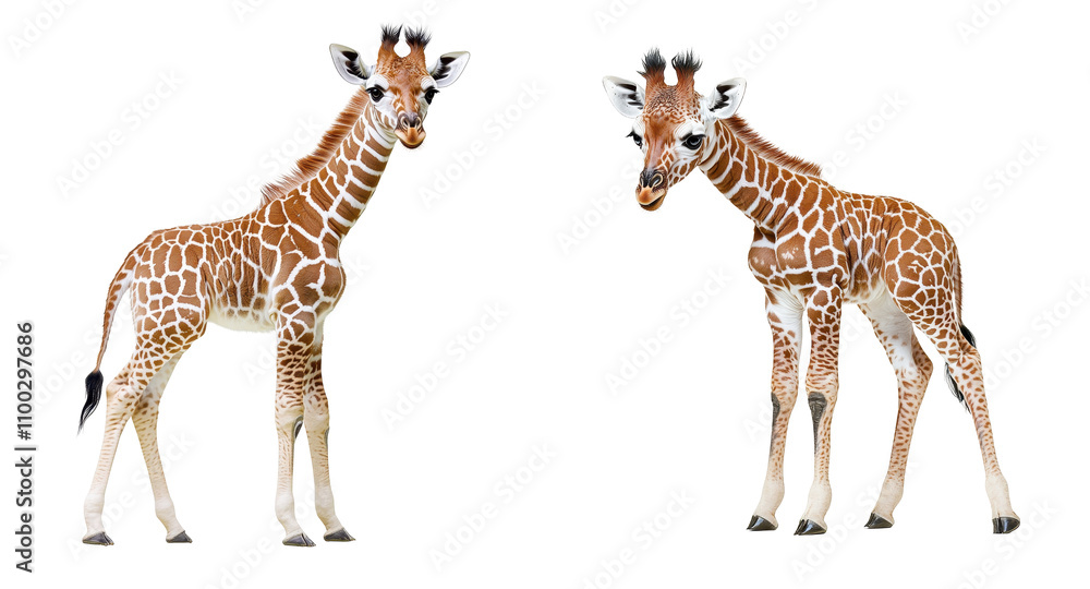 Obraz premium Two adorable baby giraffes playfully interacting in a natural setting. transparent background.