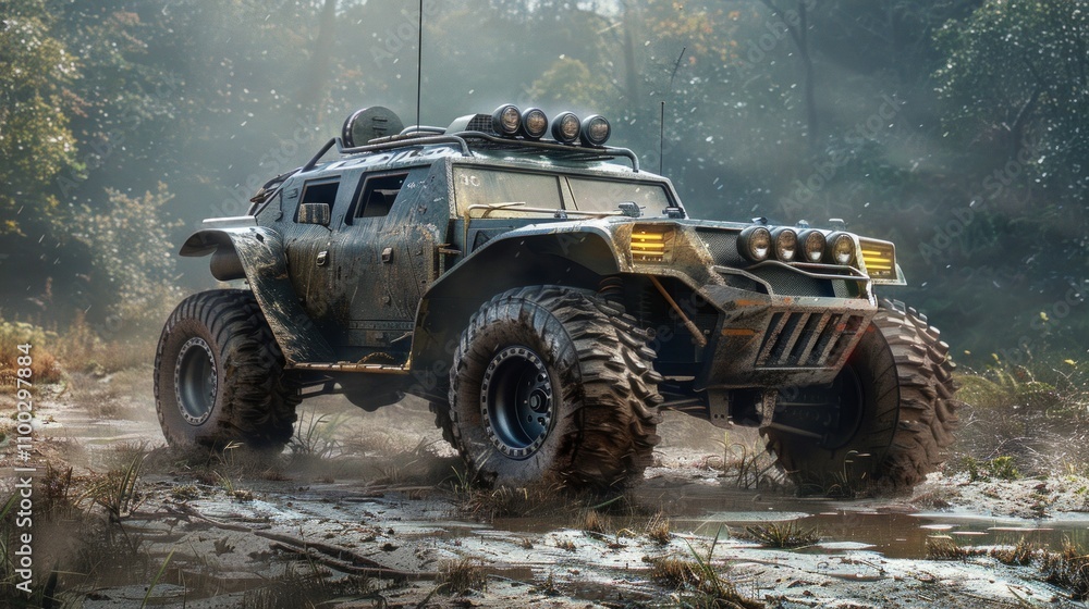 Fototapeta premium An off-road vehicle resembling a Humvee drives through a muddy forest. Large wheels and a yellow signal light suggest its ability to handle rough terrain. The scene is moody and misty
