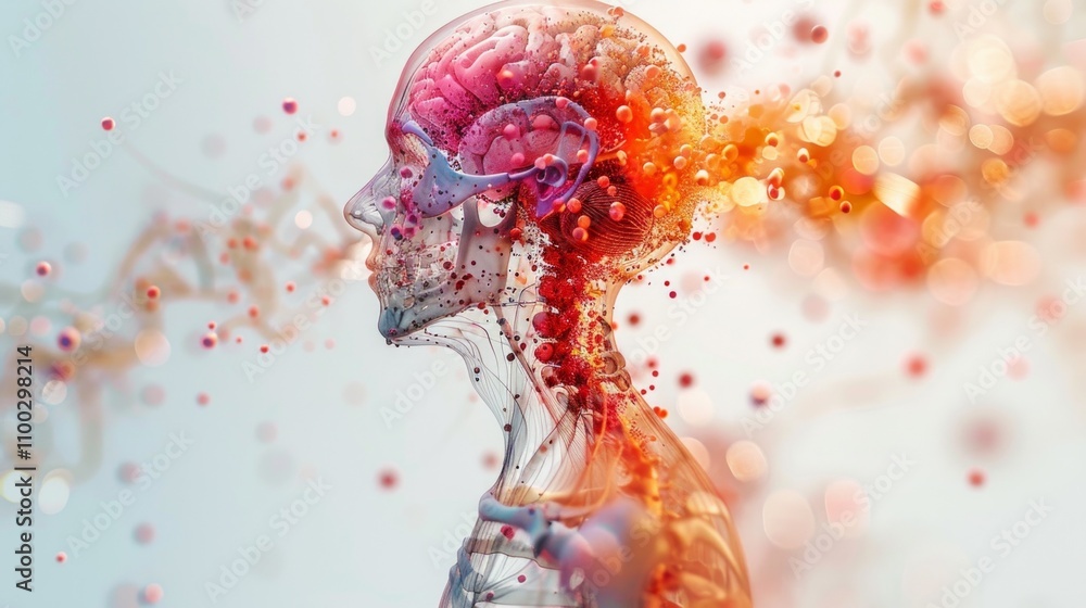 Fototapeta premium Profile of human head with detailed brain in red and pink, surrounded by digital particles and DNA strands. Gradient background with red and blue lights.