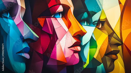 Abstract multicolored figures in an abstract cubist or cubism style painting. Cubism. Illustration photo