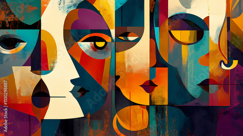 Abstract painting with geometric forms figurative drawings retro expressionism elongated figures restrained expressionism wallpaper background digital art. Cubism. Illustration