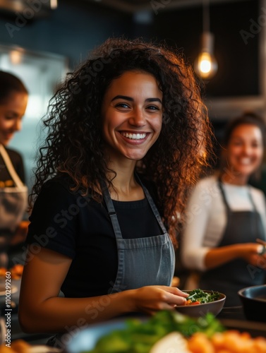 Happy chef preparing healthy food, smiling at restaurant kitchen