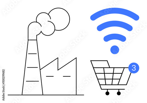 Industrial plant emitting smoke next to a shopping cart with three notifications and a large wireless signal. Ideal for industry 4.0, digitalization, wireless technology, e-commerce, smart