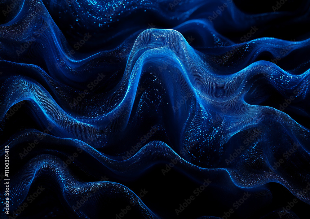 Fototapeta premium Deep blue abstract waves flowing smoothly in a dark setting with shimmering particles creating texture and depth