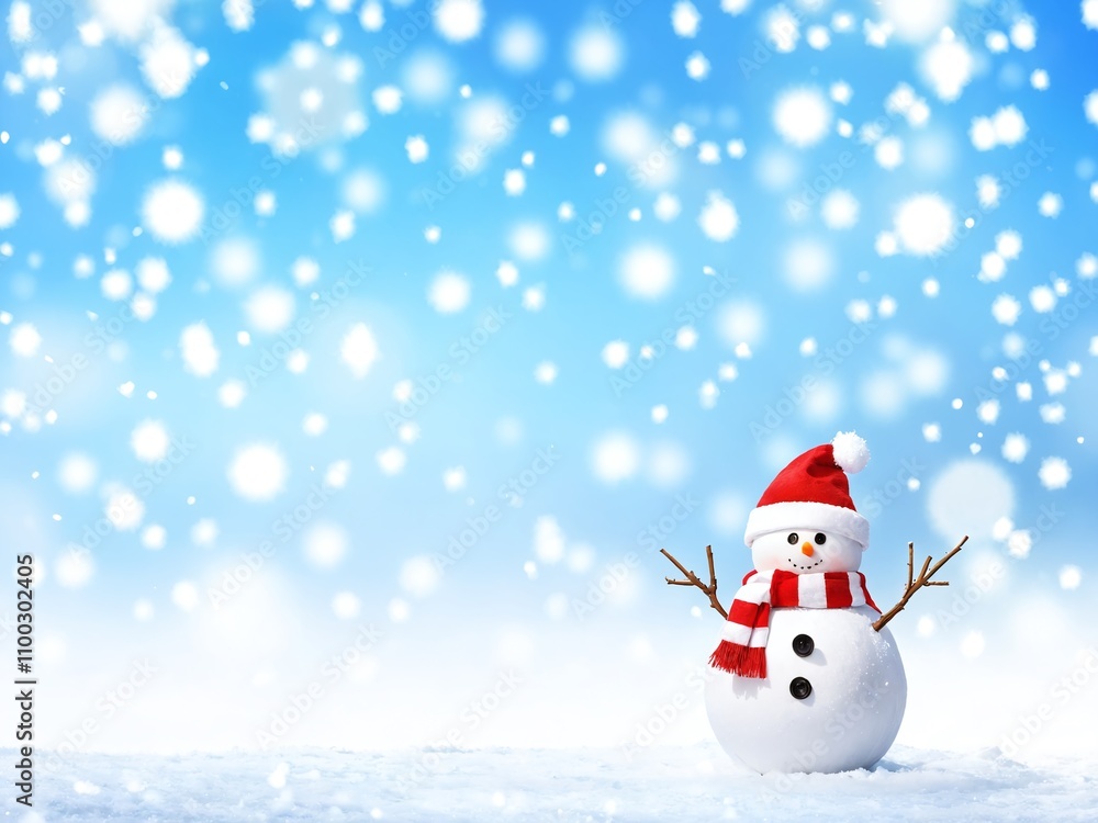 Fototapeta premium Snowman in a winter landscape with falling snowflakes against a blue sky