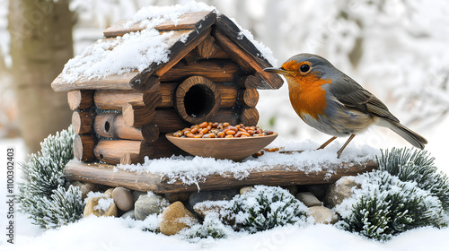 A Delightful Winter Scene in Hungary Featuring a Bird Feeder for Robins Surrounded by Snowy Bliss