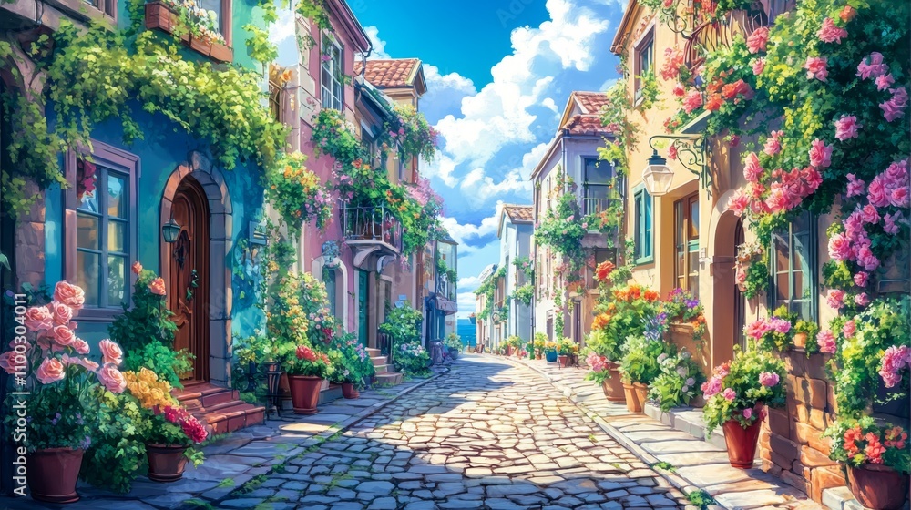 Fototapeta premium illustration of beautiful townscape, road pave with cobblestone and house decorated with flowers pots 
