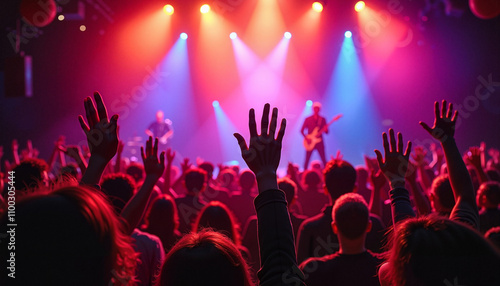 Crowd with hands raised in excitement at a concert featuring vibrant stage lights and performers
