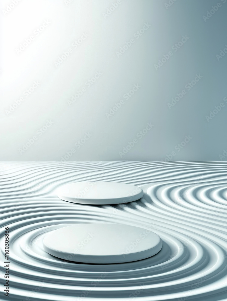 Fototapeta premium Serene circular platforms on textured surface create rhythmic patterns, evoking sense of calm and tranquility. soft light enhances meditative atmosphere
