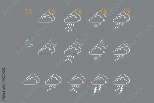 Weather editable stroke outline icons set isolated, Weather forecast icons set