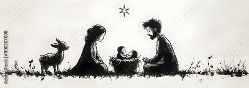 A simple sketch of the nativity scene depicting Mary and Joseph tenderly holding baby Jesus, accompanied by a gentle animal by their side, with the Star of Bethlehem shining brightly above against a p photo