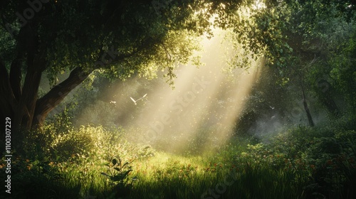 Sunbeams illuminate a mystical forest, creating a magical atmosphere. Birds fly through the golden light.