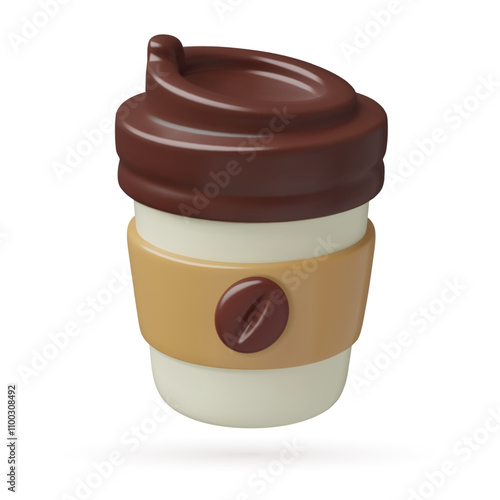 Paper coffee cup 3d vector icon. Cute take away hot drink with coffee bean on a label. Three dimensional illustration isolated on white background.
