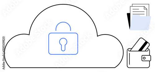 Cloud with lock icon in center symbolizing security. Nearby, documents folder and wallet with credit card. Ideal for cybersecurity, online banking, data storage, digital privacy, cloud computing