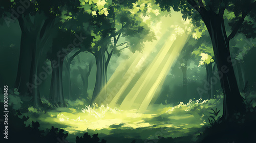 Sun rays in the forest. Chiaroscuro. Illustration