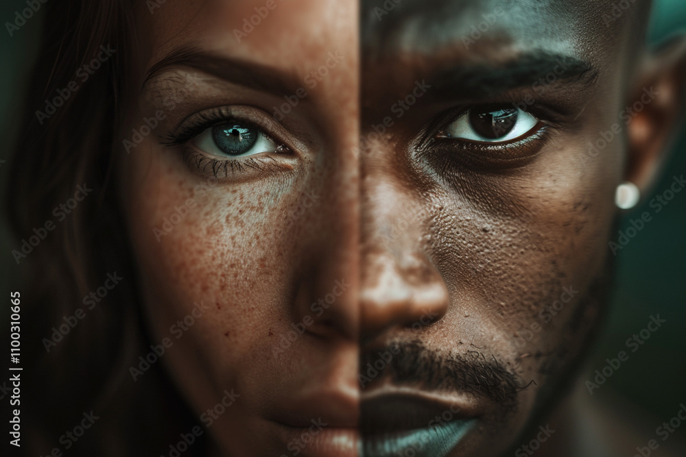 Obraz premium Face that is half man's and half woman's. Duality and gender fluidity. Gender diversity, equality, and the beauty of individuality. Transitioning concept