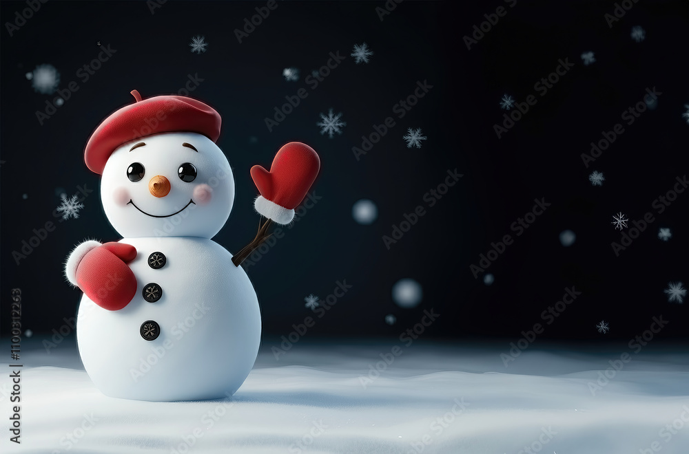 Fototapeta premium Christmas background with 3D, cute, happy snowman wearing a knitted hat and scarf. Cartoon character, funny childish toy. Winter landscape with snowy forest.