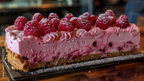 Raspberry cheesecake bar, pink creamy filling, fresh raspberries, powdered sugar, on dark gray slate. photo