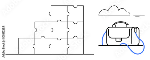 Stacked puzzle pieces forming a pyramid structure next to a briefcase under a cloud. Ideal for business strategy, problem-solving, organization, teamwork, corporate planning, job search, career