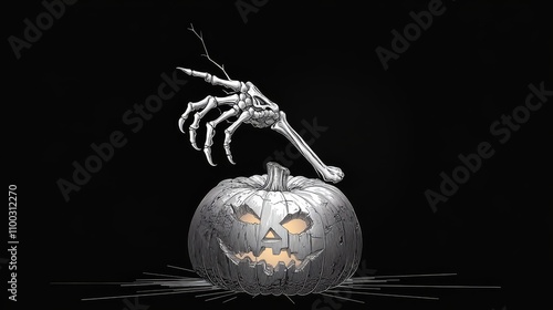 Skeletal Hand and Jack-o'-lantern Halloween Illustration - Spooky Halloween line art featuring a skeletal hand reaching towards a carved pumpkin, symbolizing death, autumn, mystery, the supernatural,  photo