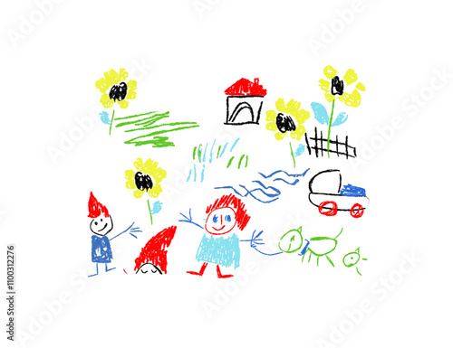 Quadro em tela Color vector set of childlike crayon drawings including house, elf, flowers and girl