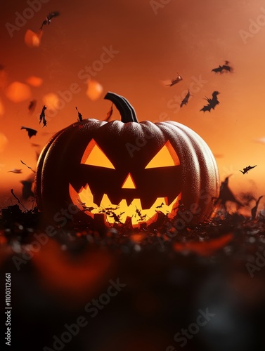 Spooky Halloween Pumpkin Night - Glowing Jack-o'-lantern, bats, autumn, Halloween night, spooky. photo