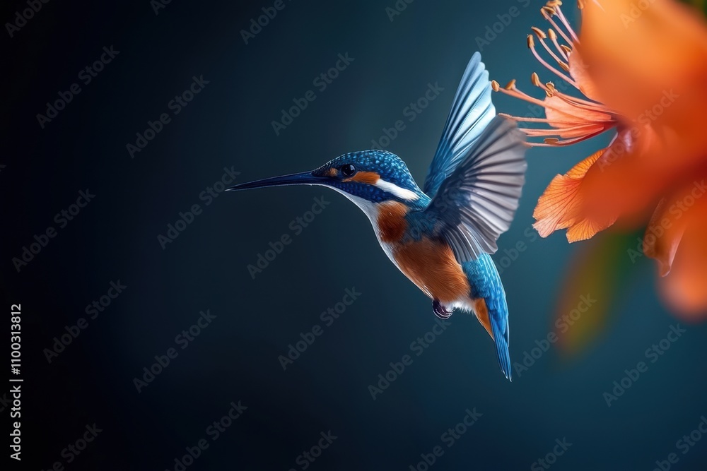 Obraz premium A blue and orange hummingbird is flying over a flower