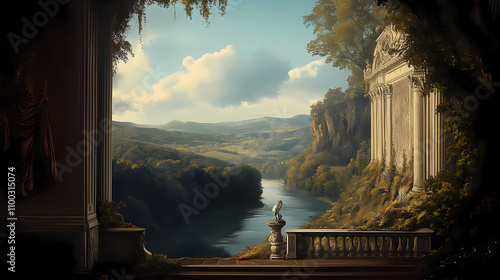 An oil painting style illustration of a classic landscape artwork that would hang in a stately home in style of artists from or century. Chiaroscuro. Illustration
